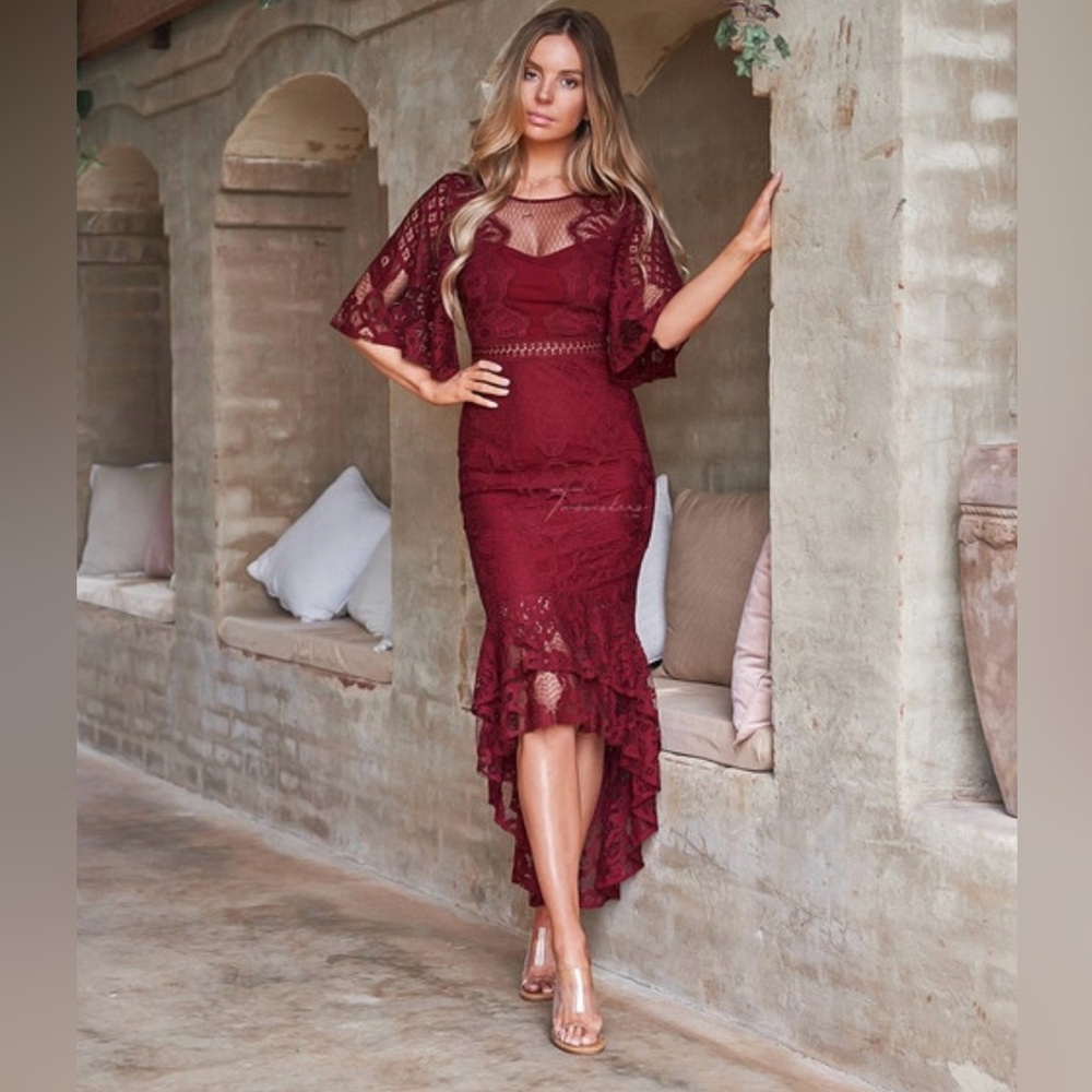 Reyna Dress in Red One Of A Kind Lace Midi Dress Size 2